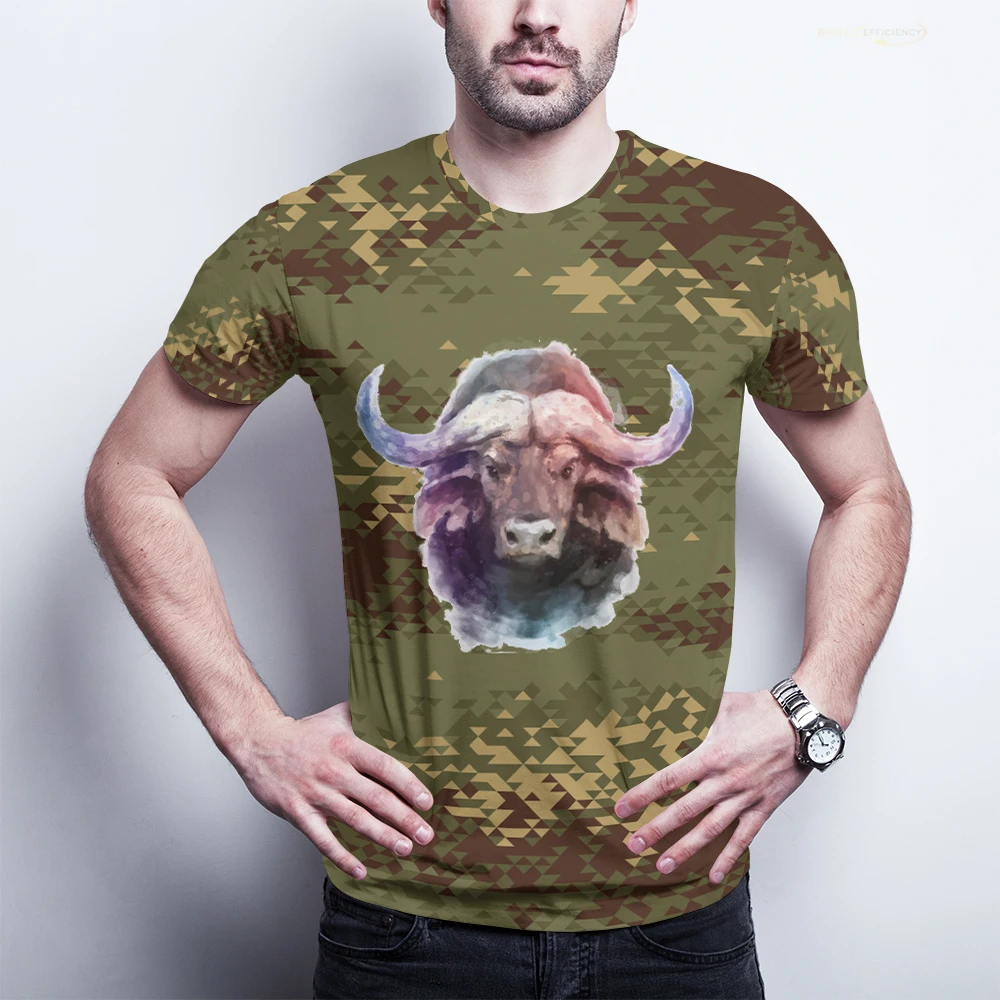 2022 летняя Винтажная футболка с 3D-принтом камуфляжная Bison Ox head Graphic Уличная