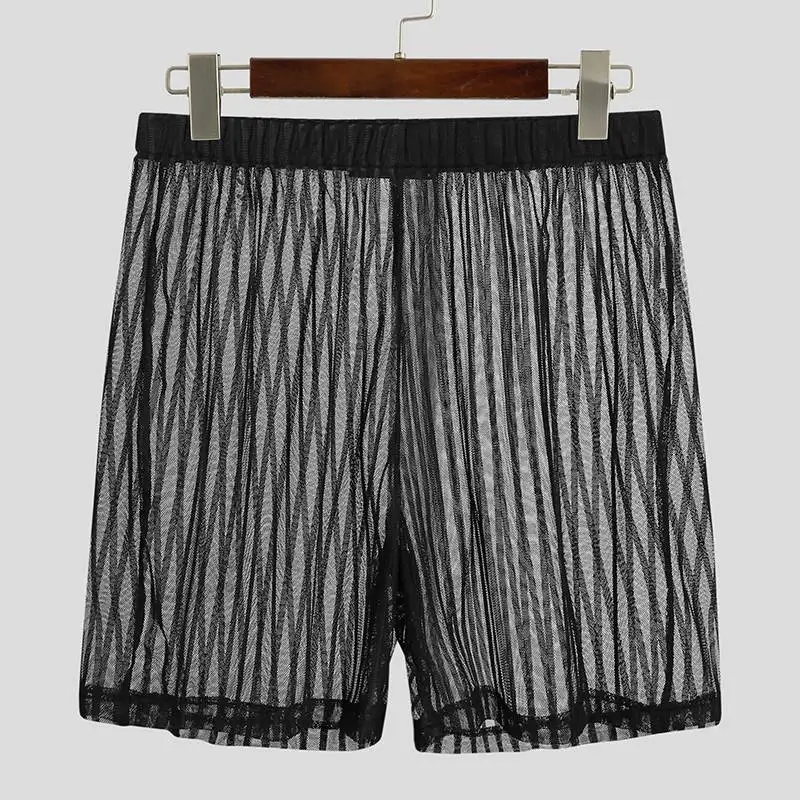 Men Mesh Shorts See Through Elastic Waist Homewear Striped Casual Streetwear Shorts Summer Sexy Men Sleep Bottoms S-5XL