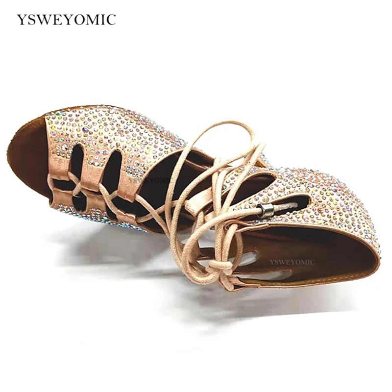 Indoor Women Dance Shoes Flesh Khaki Color Satin Dance Heels Suede Outsole Indoor Training Performance Latin Salsa Dance Shoes