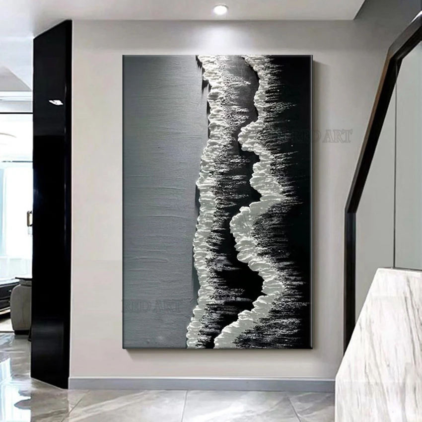 

Heavy Thick Black White Acrylic Painting Handmade Abstract Knife Art On Canvas Wall Unframed Murals Picture For Modern Hotel