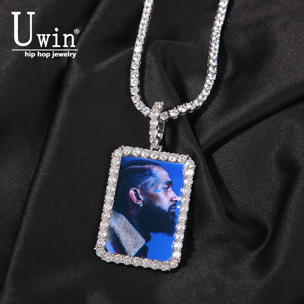 

UWIN 2 Sizes Rectangle Shape DIY Photo Pendant Iced Out Cubic Zirconia Can be Engraved Name Custom Picture For Memory Gift
