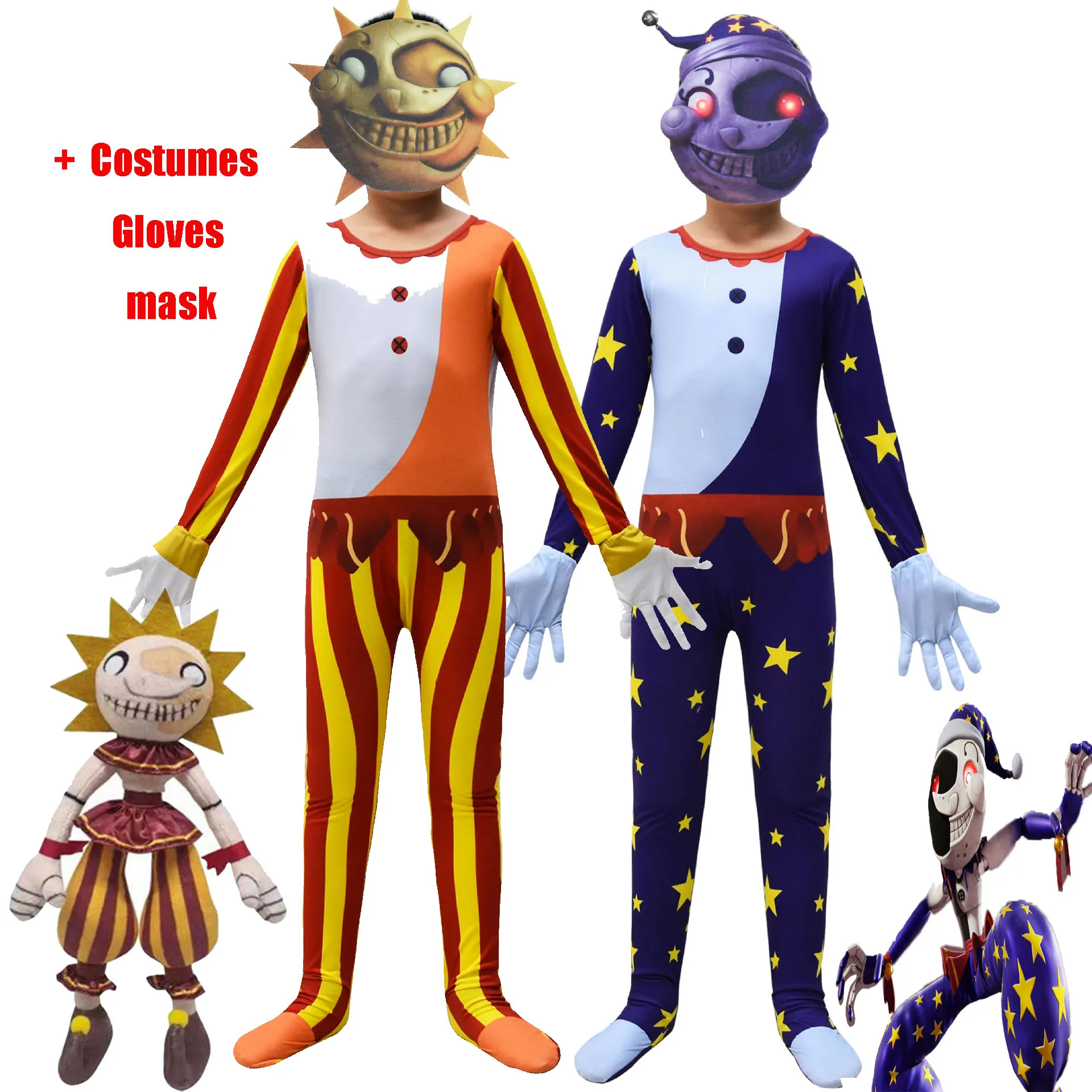 2022 Fancy Halloween Costume for Kids Sundrop FNAF Sun clown Jumpsuit Gloves mask Cosplay Anime Christmas Birthday Gift for Kids