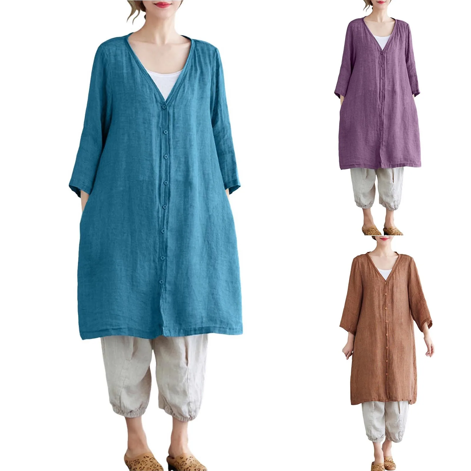 2024 женский кардиган из хлопка и льна легкие кимоно с v-образным вырезом