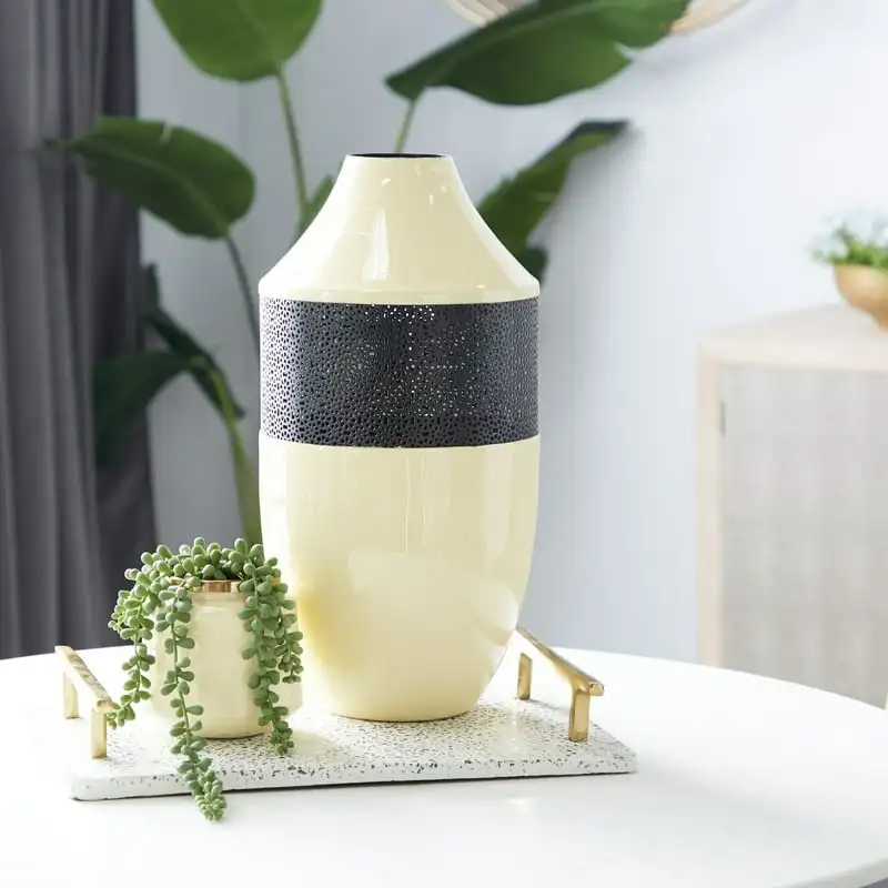 

White Enamel Vase With Black Metal Textured Patterned Detail, 8" X 16.25"