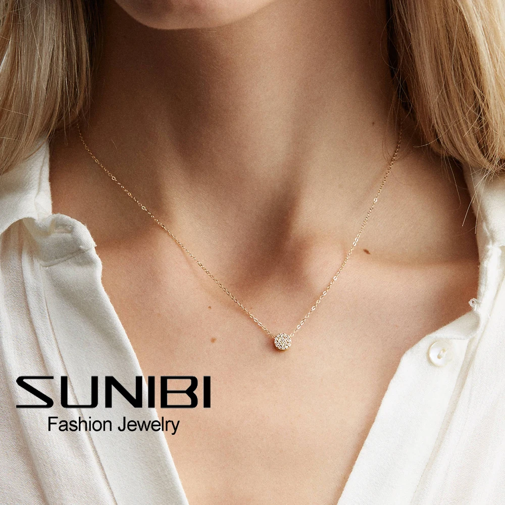 

SUNIBI Stainless Steel Crystal Pendant Necklaces Women Cute Coin Simple Classic Gold Silver Plated Chain Necklace Charm Jewelry