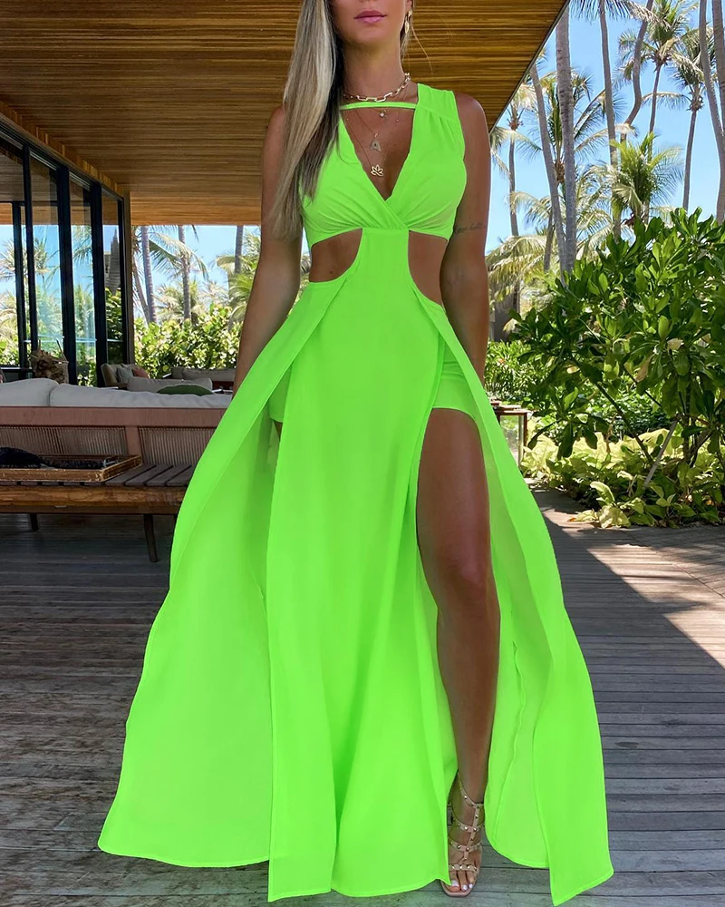 

Women Fashion Casual V Neck Solid Color Long Dress Beach Wear Sexy Summer Cutout Sleeveless Thigh Slit Maxi Dress
