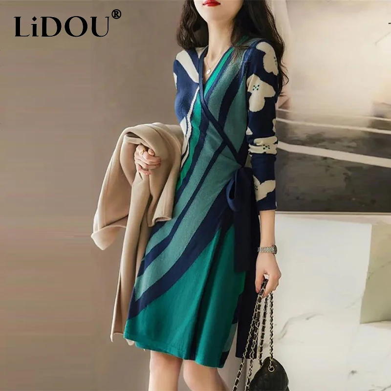 

Autumn Winter Women's Elegant Fashion Printing Slim Dress Ladies Temperament Lace Up Vestidos Female Casual Midi Robe Dresses