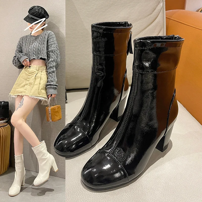 

Brand Women's Shoes Lady Boots Winter Footwear Zipper Round Toe Boots-Women Fashion 2023 Mid Calf Leather Rock Autumn Rubber Hig