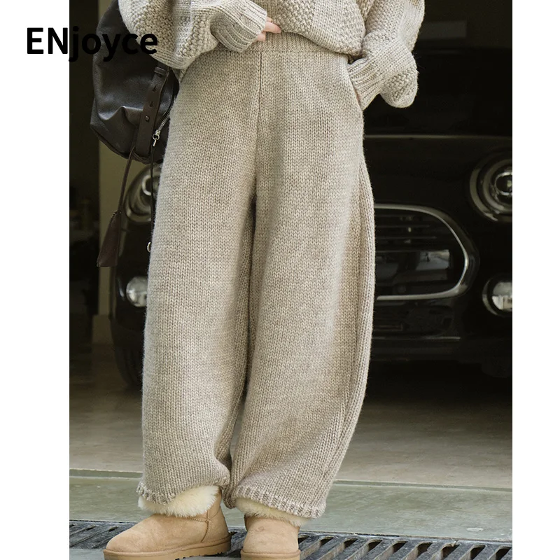 Women Winter Retro Simple Wool Thick Line Knitted Pants Sweatpants Wide Leg Jogger Pants Casual Elastic Waist Loose Trousers