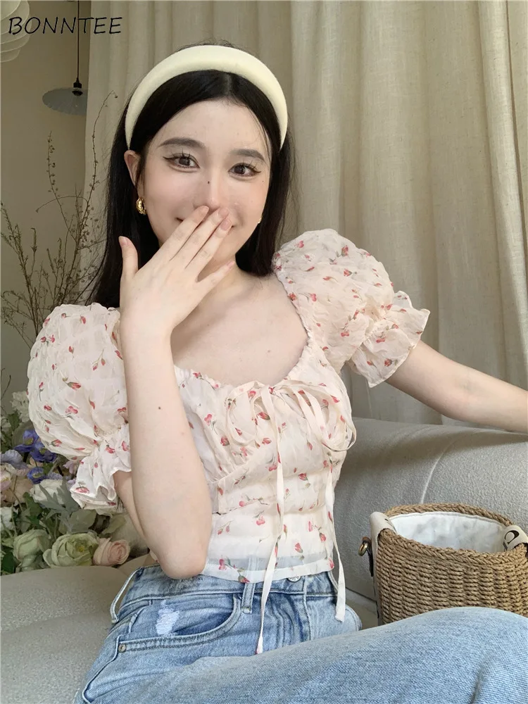 

Sweet Floral Blouses Women Summer French Style Square Collar Bandage Design Tender Cropped Fashion All-match Elegant Chic Casual