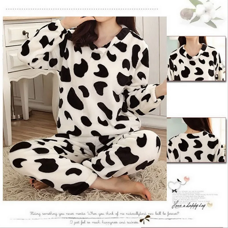 Winter Pyjamas For Women Long Sleeve Flannel Warm Sleepwear Coral Fleece Thicken Nightwear Cute Cartoon Loungewear 2 Pieces Sets