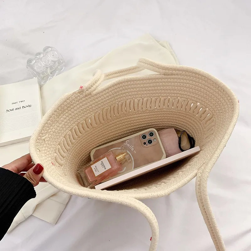 FOSIZZO 2023 New Summer High Capacity French Straw Woven Bag Beach Resort Bag Women's Shoulder Hollow Cotton Thread Woven Bag