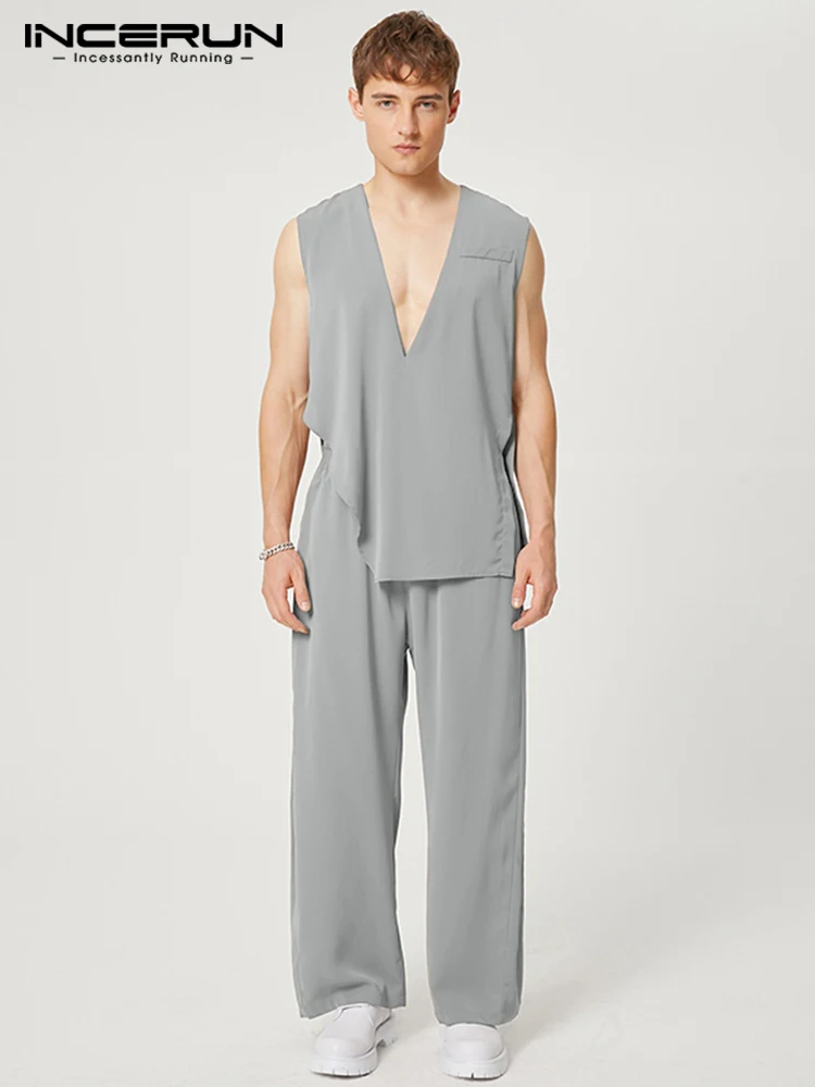 

INCERUN American Style New Men V-neck Sleeveless Sets Irregular Hem Solid All-match Vests Straight Trousers Suit 2 Pieces S-5XL