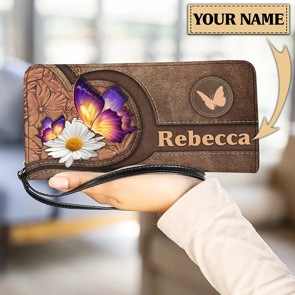

Wristlet Wallets for Women Butterfly with Daisy Printing Leather Zipper Card Holder Female Cute Long Purse Clutch Money Bags