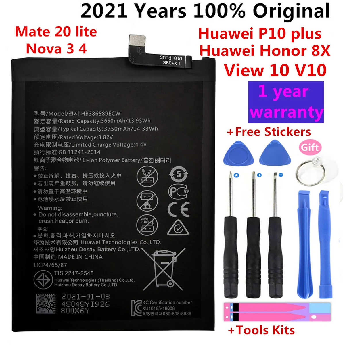 

Original For Huawei Honor 8X Battery HB386589ECW 3750mAh Full Capacity for Huawei View 10 Lite Battery Replacement +Free Tools