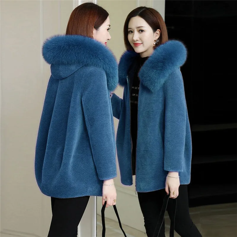 

Winter Faux Fur Jacket Women's Fur collar Hooded Parkas Plus Size 5XL Korean Loose Warm Coat Mother Solid Short Thicken Outwear