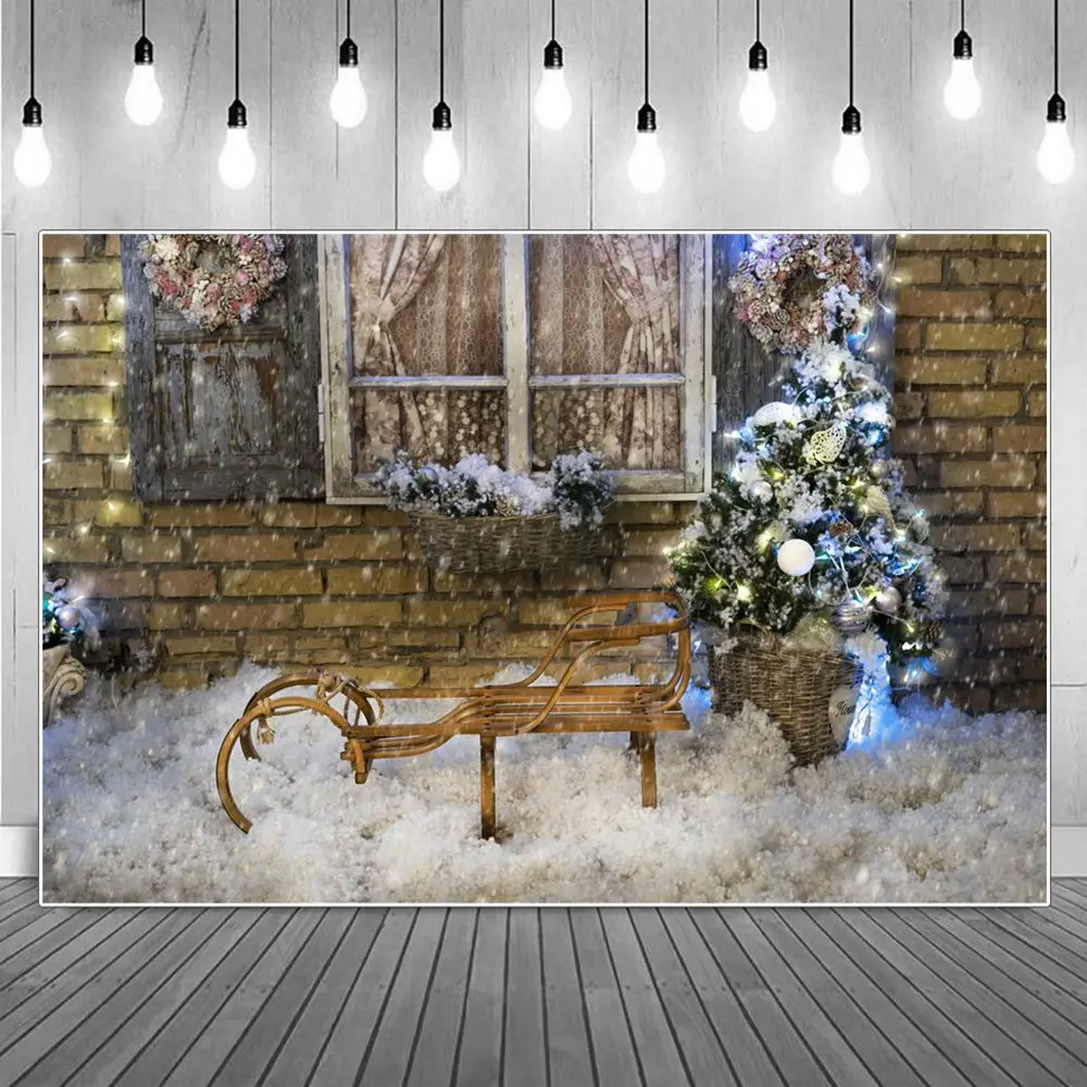 

Фон для фотосъемки с изображением улицы Ретро окна рождественской елки старые кирпичные стены сани снега пола декорация Фотофон