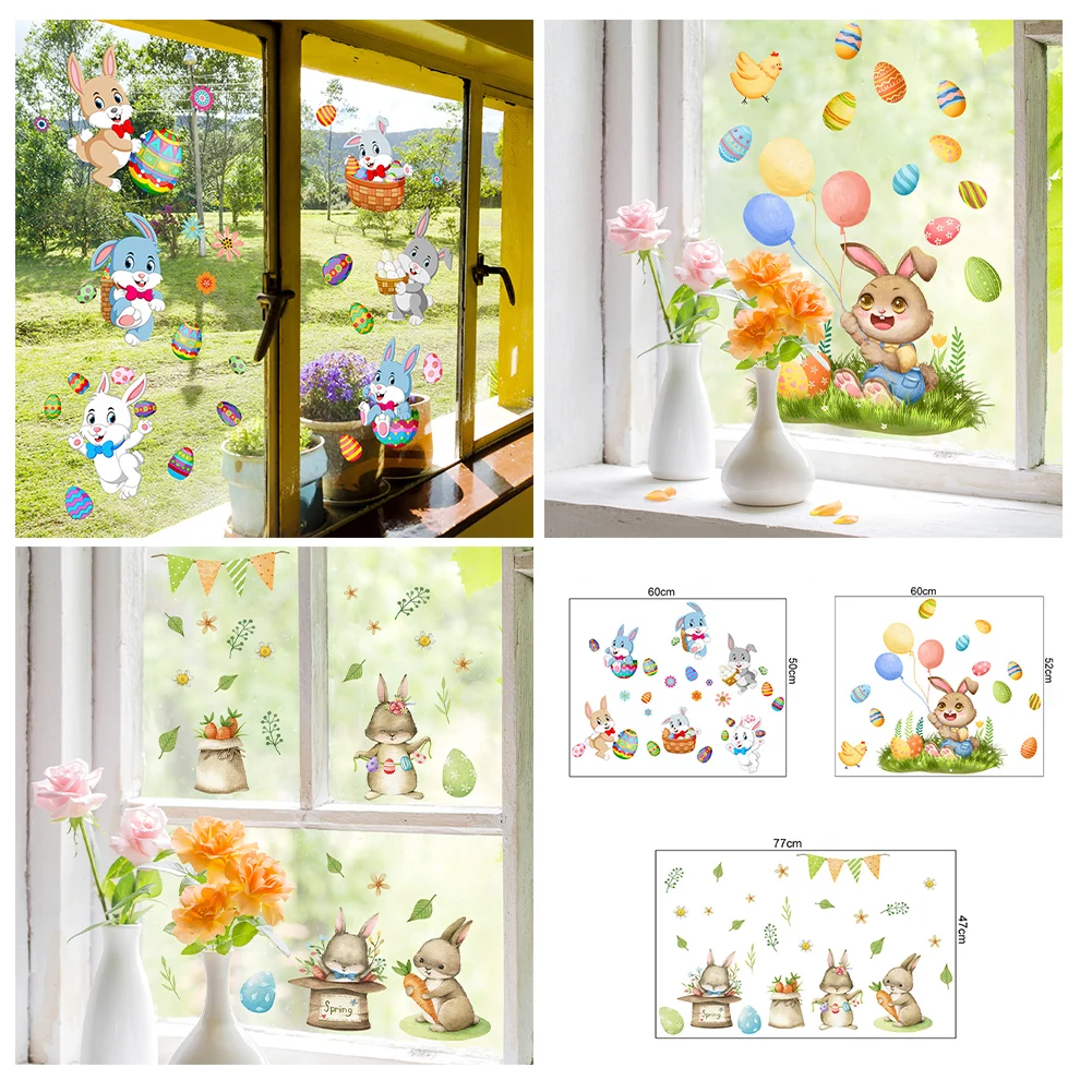 

2023 Easter Window Stickers Bunny Carrot Eggs Electrostatic Window Decals Wall Sticker Happy Easter Party Decorations For Home