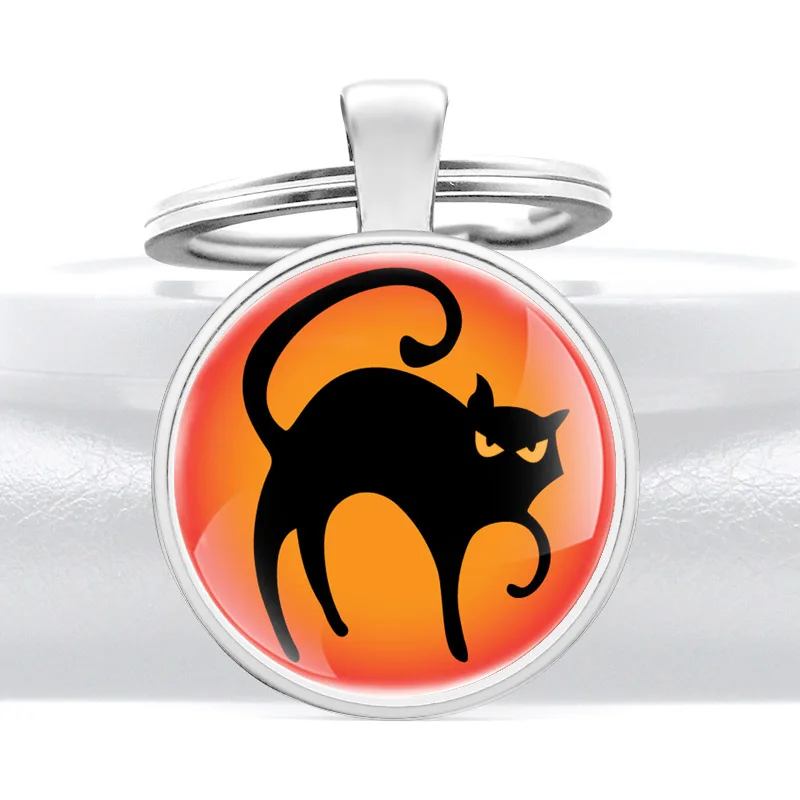 

Classic Black Cat Cover Glass Cabochon Metal Pendant Key Chain Men Women Key Rings Accessories Keychains Gifts