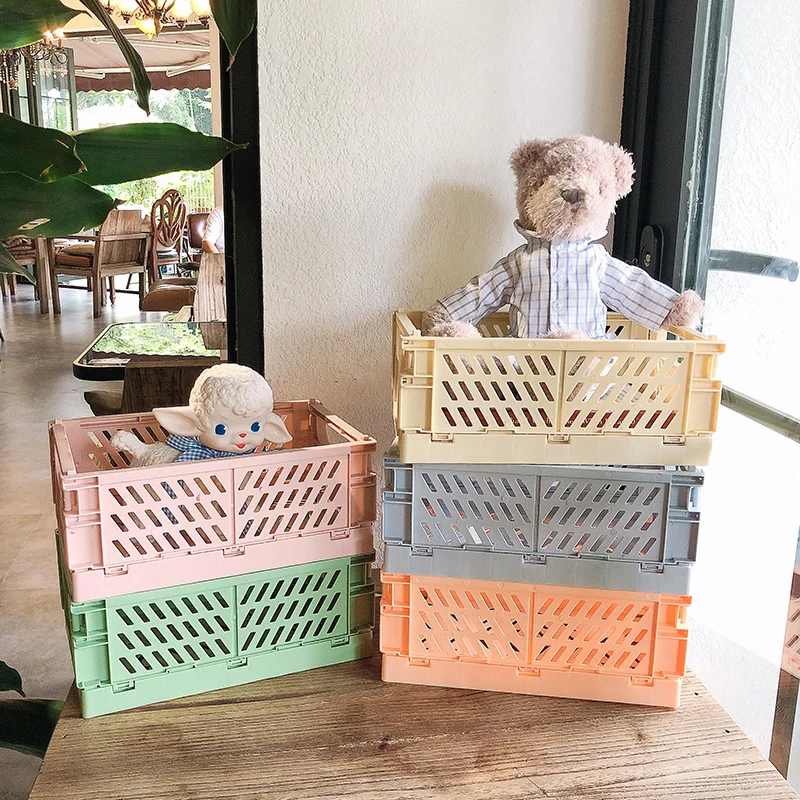 Ins Desktop Plastic Storage Baskets Organizer Box Folding Stackable Toy Storage Basket with Handle Bathroom Storage Box Basket