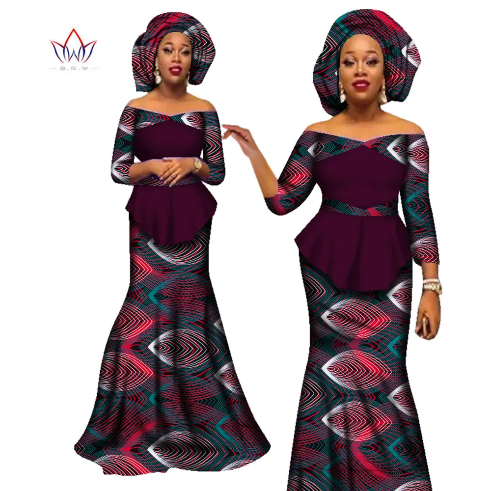 2023 Summer African Women's Suits Set 2 Elegant Pieces Print Skirt Set Plus Size Female Long Sleeve Top And Long Skirt WY2490