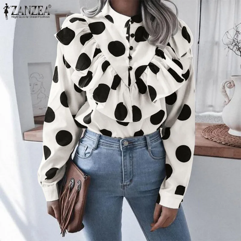 

Women Casual Vintage Polka Dots Chemsie Spring Retro Baggy Print Tunic Top Femininas ZANZEA Elegant Flouncing Full Sleeve Blouse