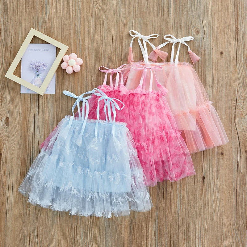 

Baby Girls Slip Dress, Toddlers Sweet Style Flower/mixed Color Tie Up Shoulder Strap Sleeveless Mesh Princess Skirt with Lining