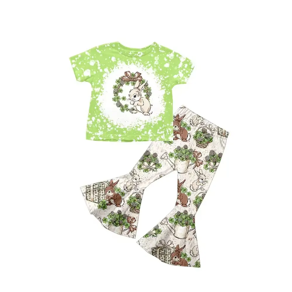 

Пасхальная серия, одежда для маленьких девочек, рубашка с коротким рукавом в виде кролика, наборы с колокольчиками, Детские Модные наряды для малышей, милая одежда, оптовая продажа