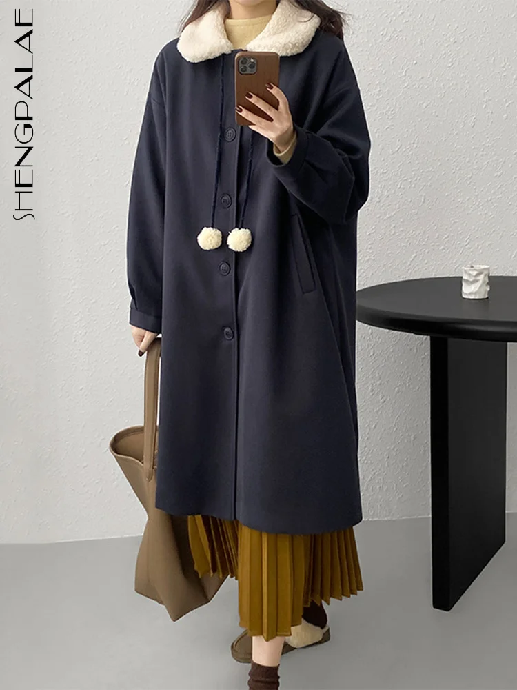 

SHENGPALAE Fashion Women's Woolen Coat Lapel Hairball Lace Up Single Breasted Long Sleeve Blends Outwear Autumn 2023 New 5R4565