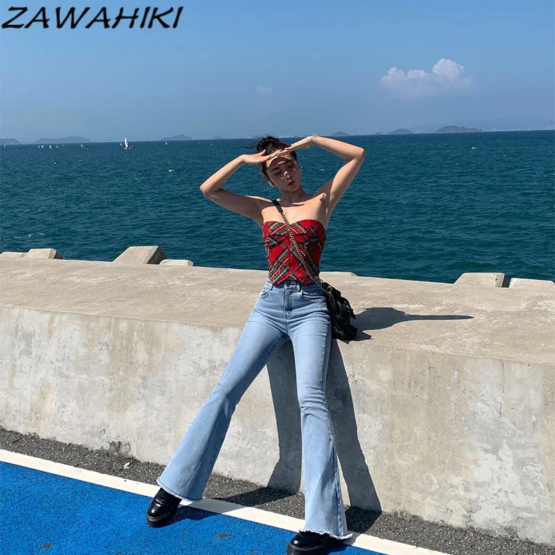 Майка женская в американском ретро стиле облегающая Труба без бретелек на молнии