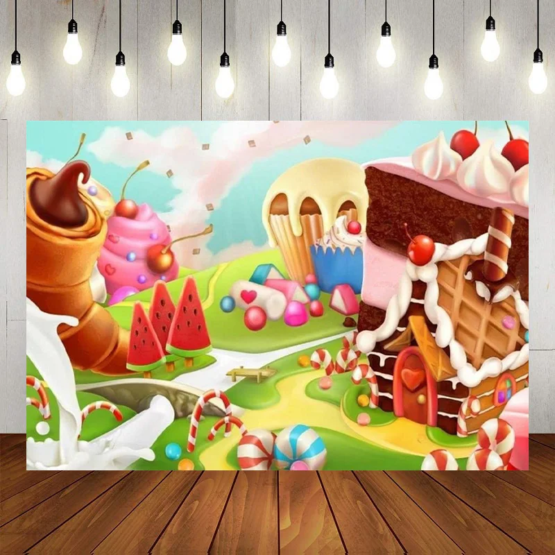 

Chocolate Sweet Candy Theme Photography Backdrop Baby Shower Party Birthday Background Lollipop Cupcake Candyland Decor Banner