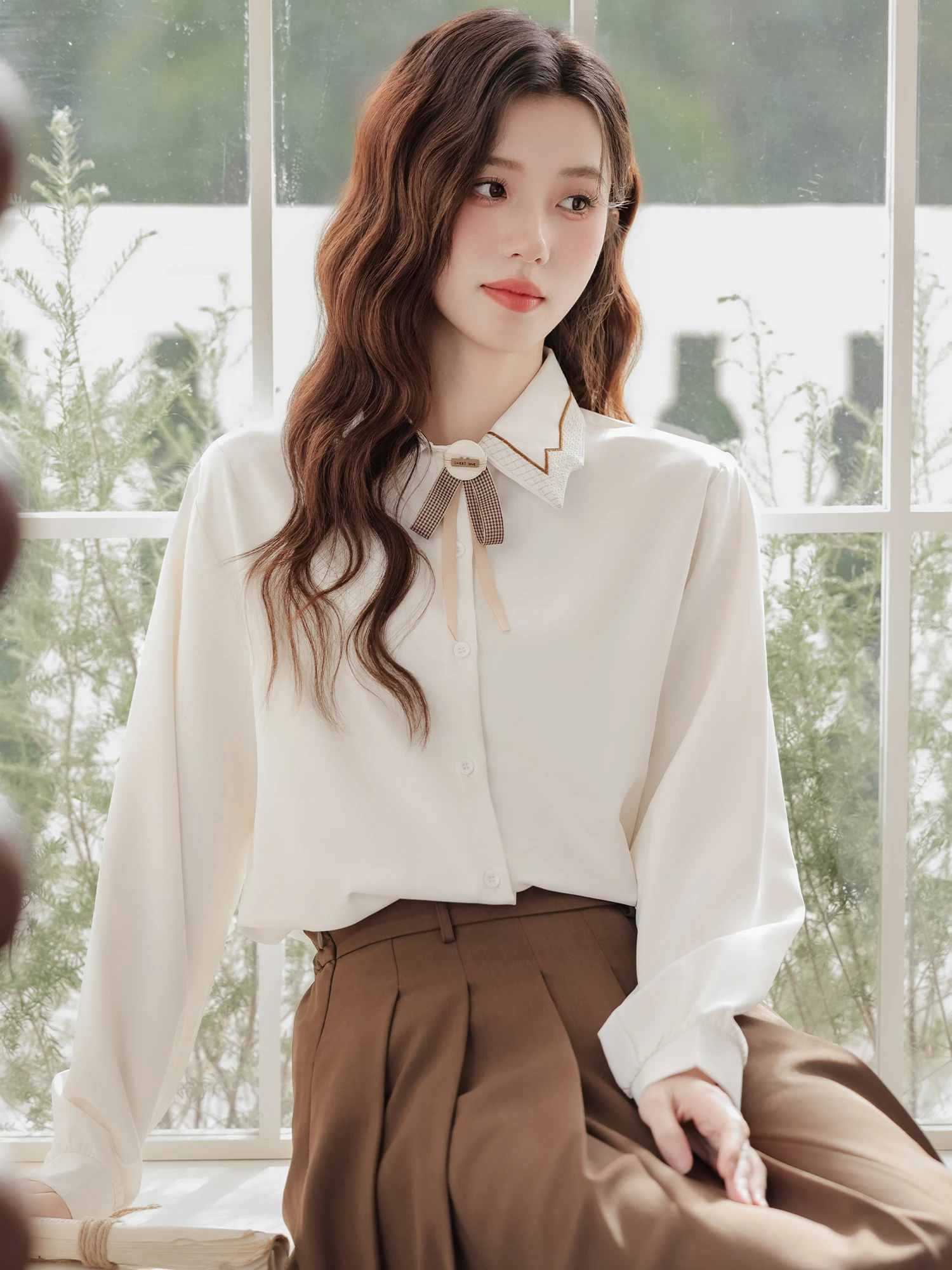 Qikaqi 2024 Spring and Autumn New Polo Collar Lace-up Long sleeve Shirts Women Bow Elegant Shirt Loose Top