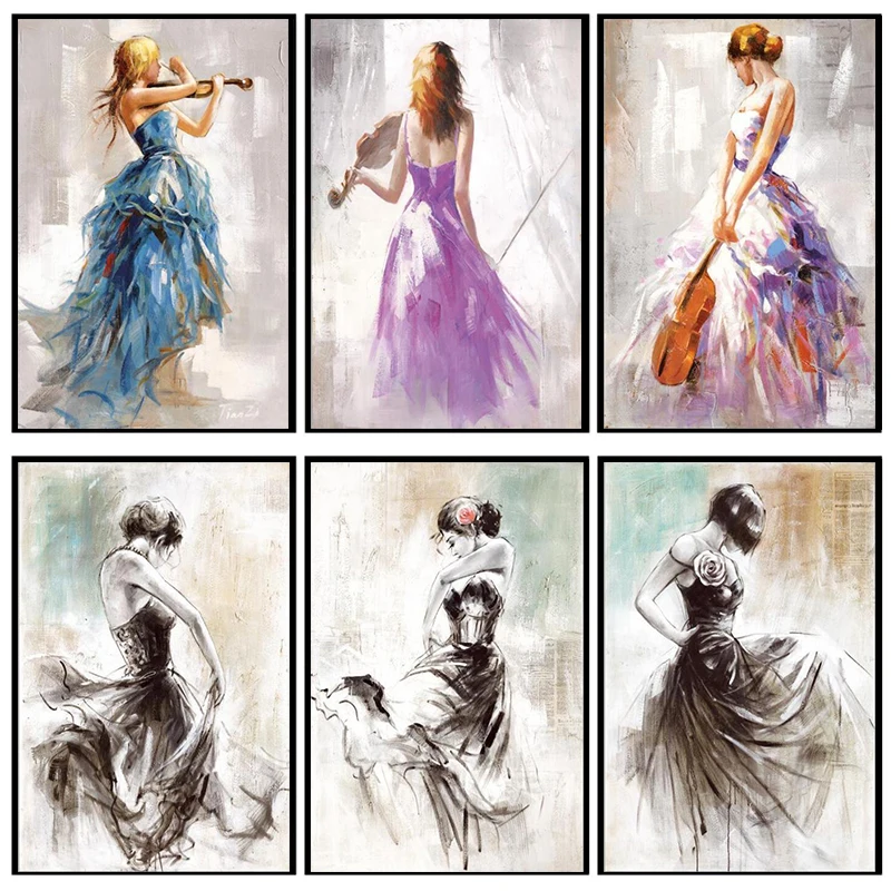 

Абстрактные настенные художественные плакаты с изображением балерины, элегантная девушка, играющая на скрипке и танце, картины и принты на ...