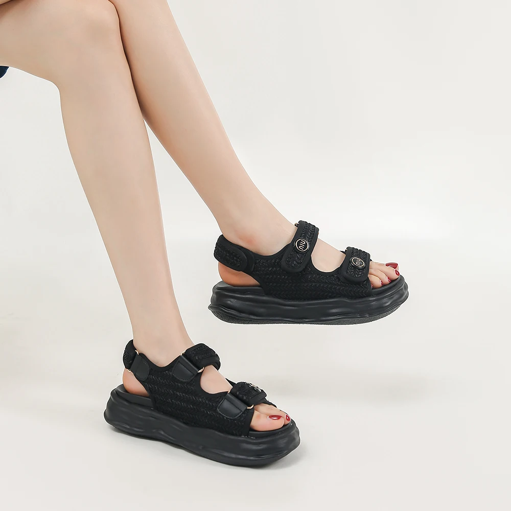 SOMILISS Platform Sandals Women Knitted Fabric Cloth Hook Loop Round Toe Summer Lady Fashion Outdoor Flat Casual Shoes Handmade