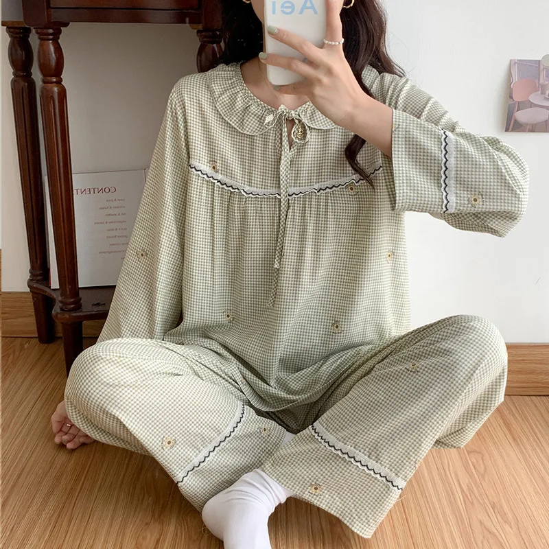 Spring Autumn Long Sleeve Cotton Silk Pajamas Middle School Student Sleep Pullover Pijamas Women