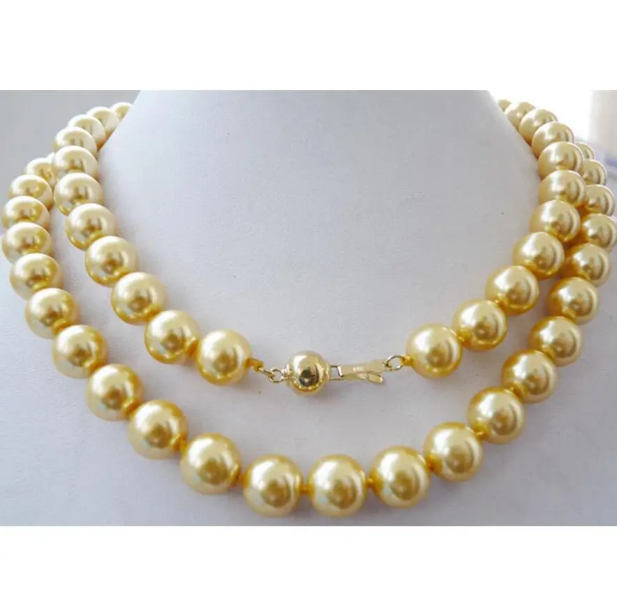 

Jewelry 10mm yellow South sea shell pearl necklace 34" 14K gold AAA