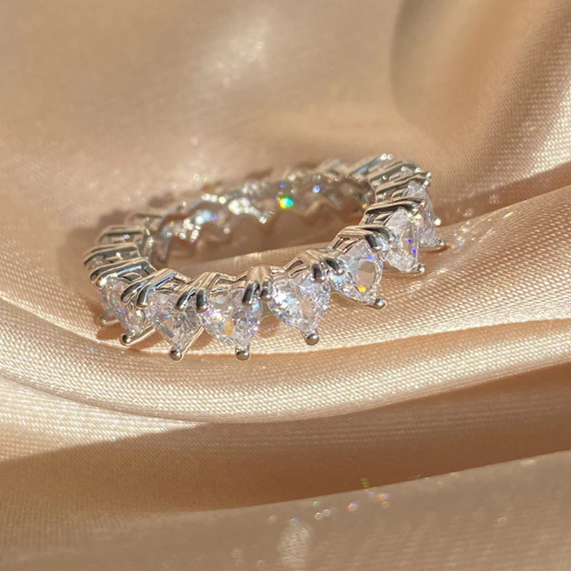 

Korean Style Heart Zircon Rings For Women Silver Color Shiny Crystal Stacking Wedding Party Finger Ring Luxury Designer Jewelry