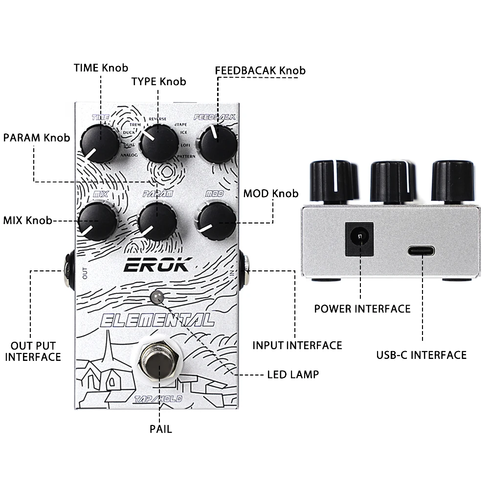 Цифровая Педаль EROK С Задержкой 9 Различных Эффектов Для Поддержки Гитары Режим