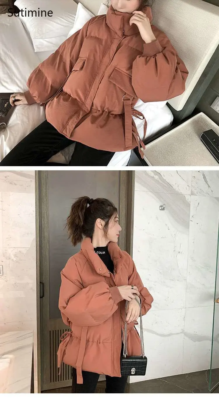 Winter Clothes Women Office Lady Pockets Women Short College Style Cotton Padded Jacket Lace-up Zipper Winter Coat Women