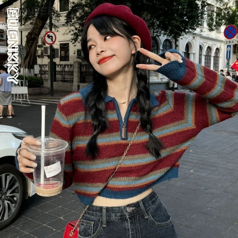 

Knitted Pullovers Women Striped Students Kawaii Retro Loose Designer Autumn Cozy Sweater Casual Korean Style Sweet Jumpers New