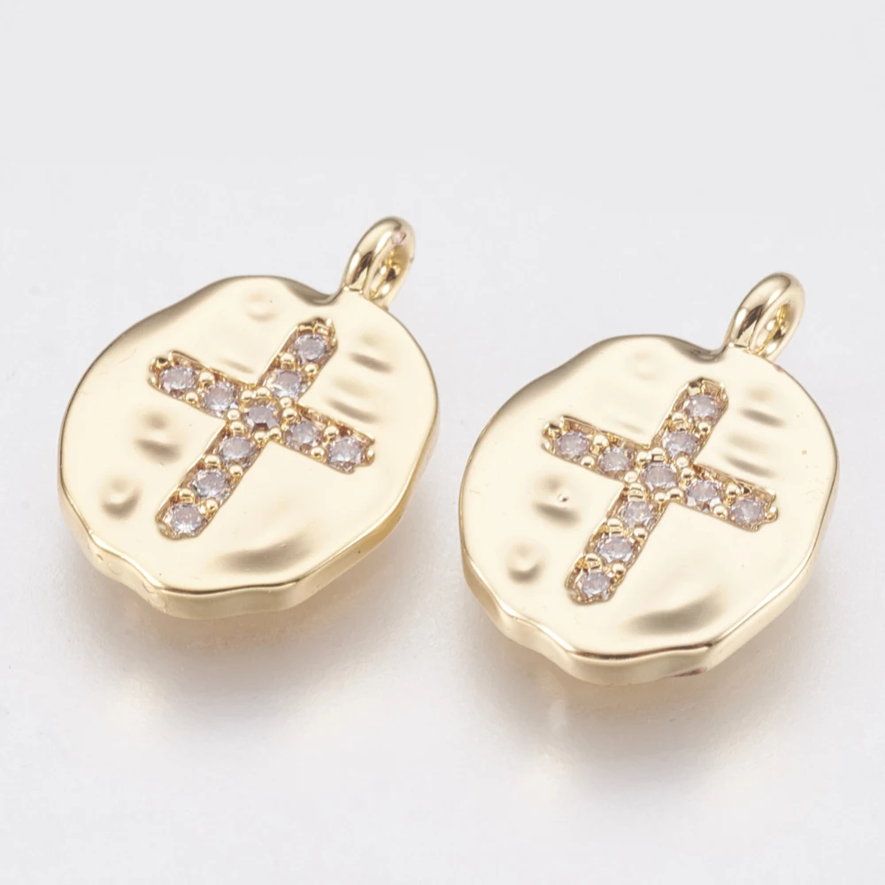 

2PCS Brass Charms with Micro Pave Cubic Zirconia Oval with Cross Clear Nickel Free Real 18K Gold Plated 14x10x1.5mm Hole: 1.4mm