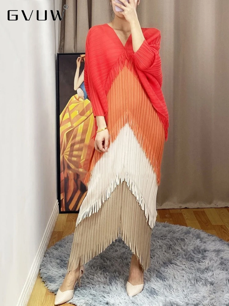 

GVUW Pleated Dress Woman Color Block Tassel Batwing V Collar Sleeve Casual Style Loose Long Dresses 2023 Autumn Fashion 17D2374