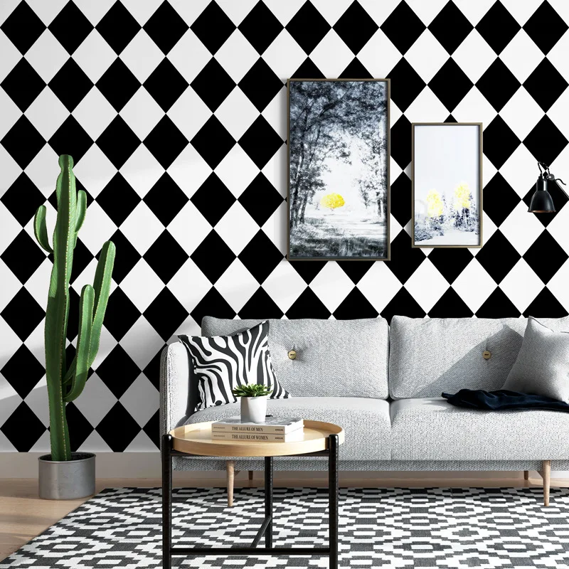 

Nordic style wallpaper ins television background black and white plaid diamond bedroom living room modern simple living wallpape