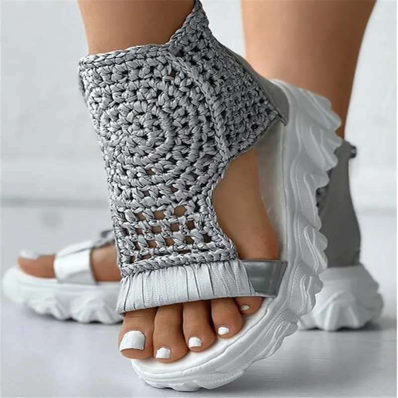 Sandals Women Braided Geometric Wedge Sandals Knitted Elastic Summer Shoes Mesh Flat Sandals Hollow Female Platform Shoes