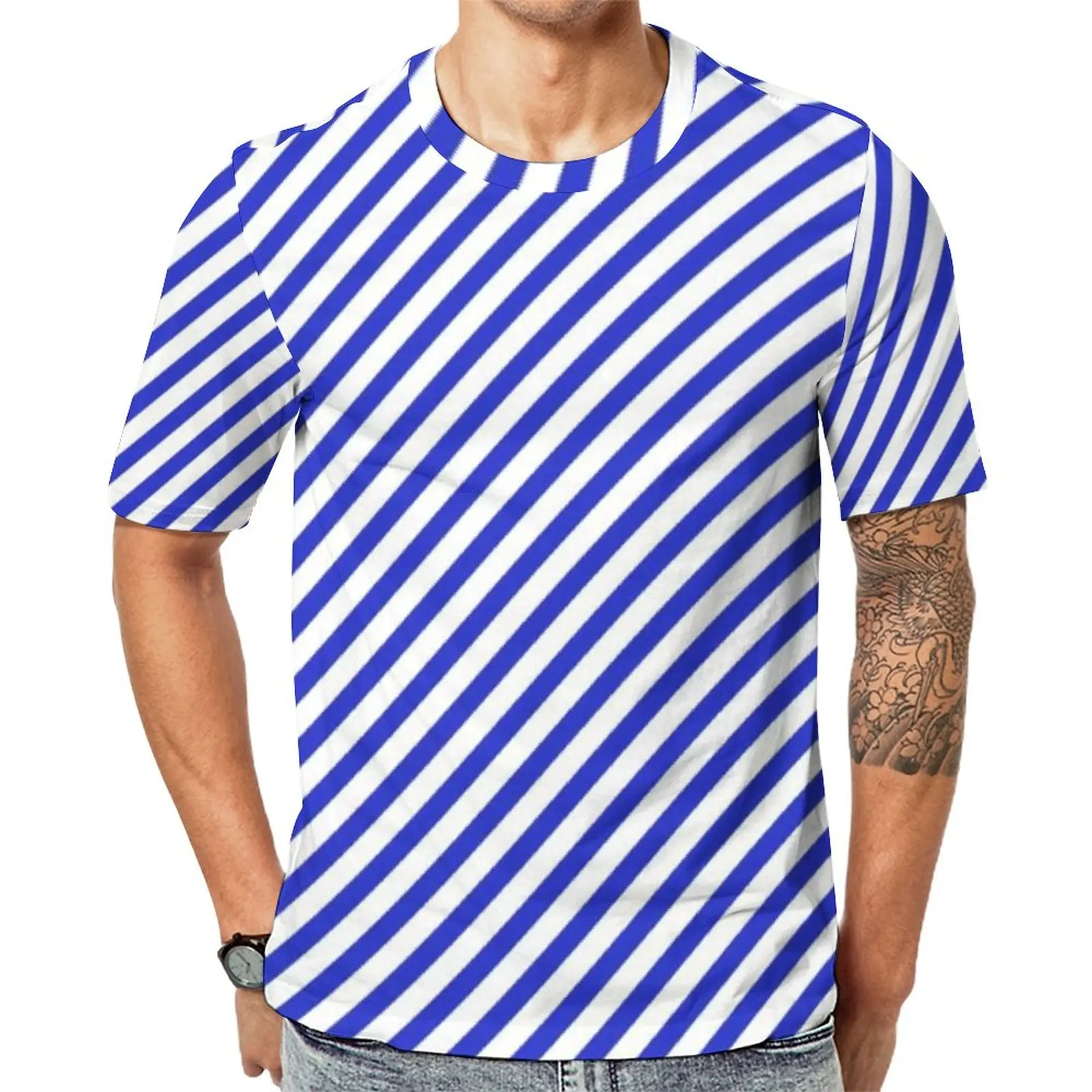 

Футболка мужская в диагональную полоску, стильная рубашка в стиле хиппи, с коротким рукавом, в синюю и белую полоску, в уличном стиле