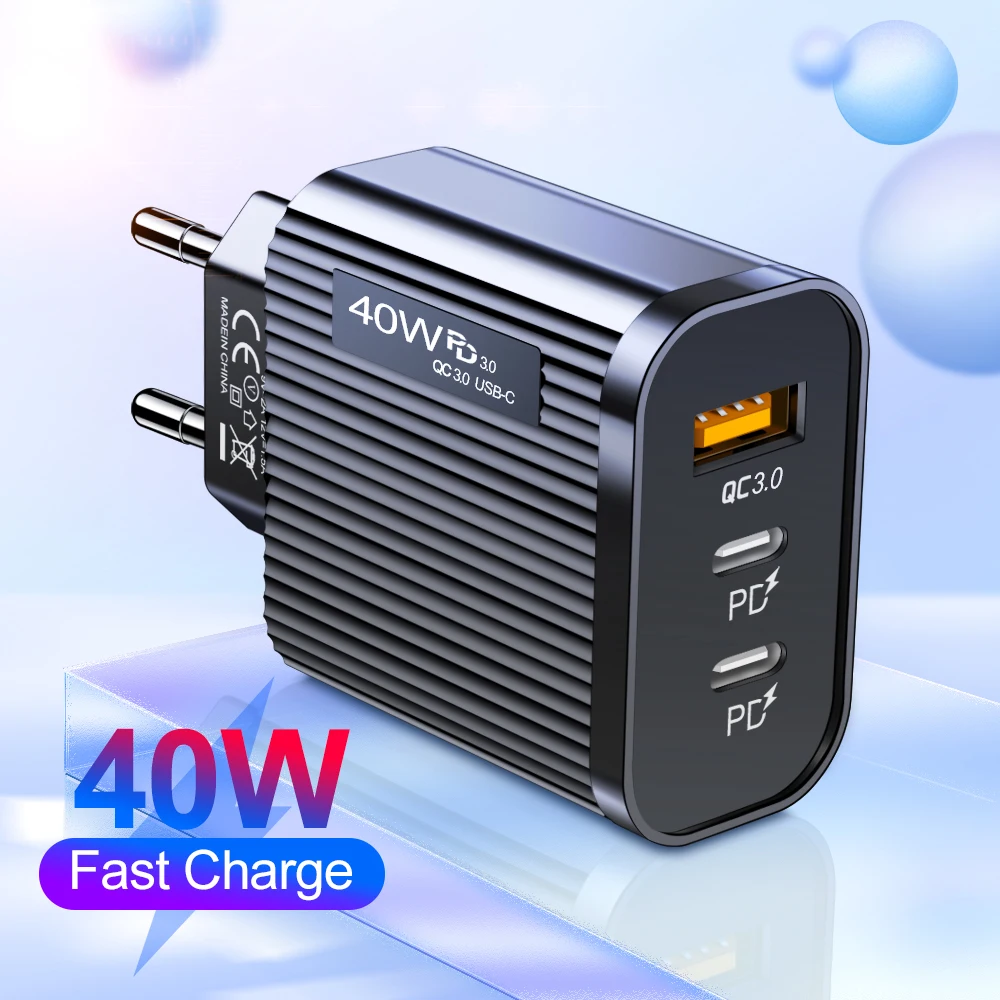 

40W USB C Charger Phone Charging PD QC3.0 3 Ports Type C Fast Mobile Phone Adapter for iPhone 14 Xiaomi High Speed Wall Charger