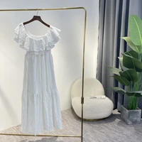 solid white yellow summer off the shoulder dresses 2022 top quality hollow out holiday styel ruffles elegant woman wear