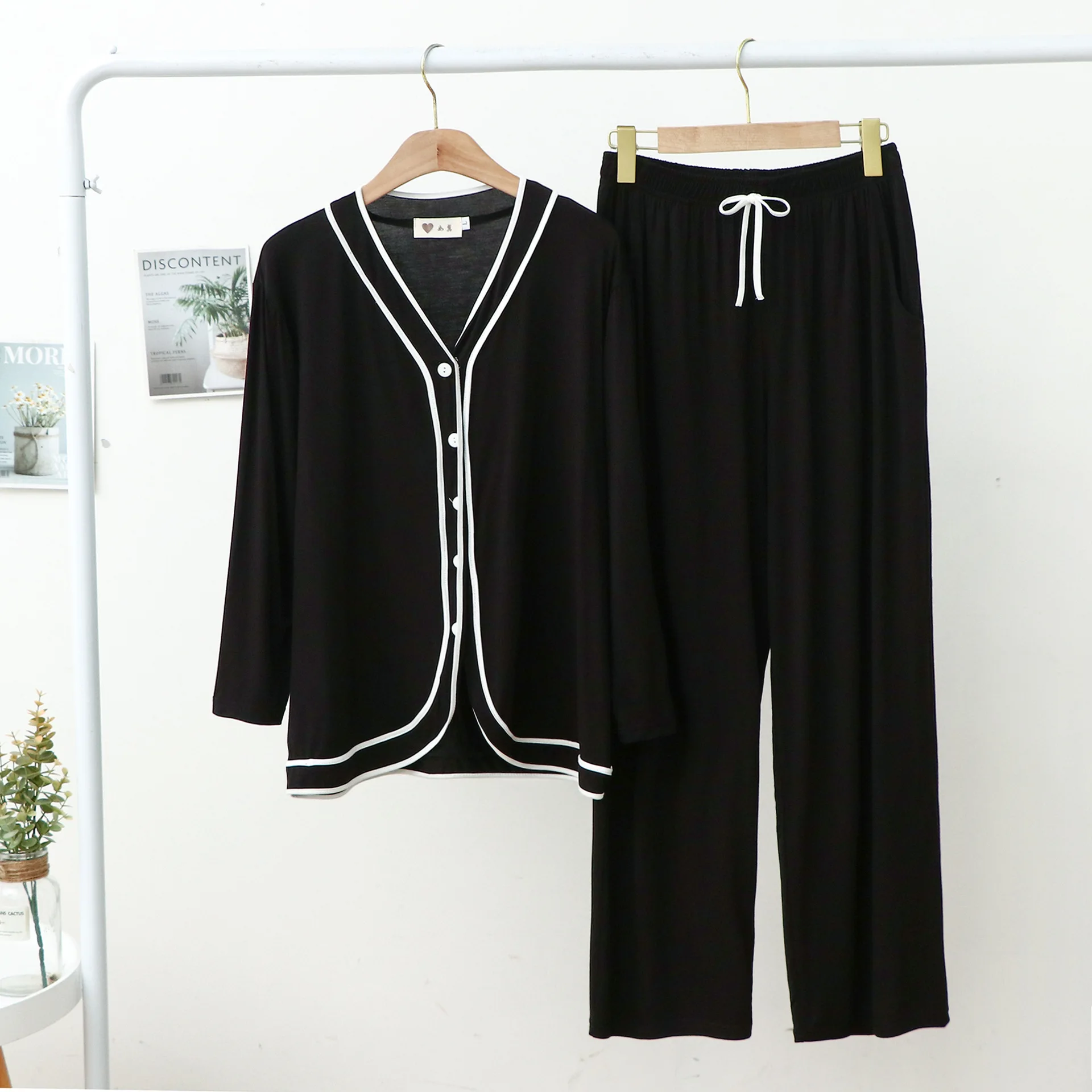 Modal Pajamas Women Tracksuit Cardigan Hemming Long Sleeve Trousers Two Piece Set Pocket Solid Color Leisure Suits Lounge Wear