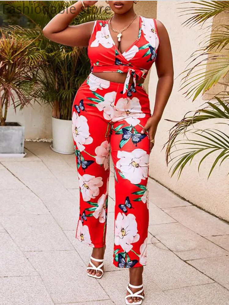 

Women Sexy Casual Cutout Tied Detail Floral Print Tank Top and High Waist Pants 2pcs Set