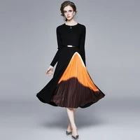 womens new autumn style high end temperament round neck long sleeve knitted stitching gradient pleated fashion elegant dress